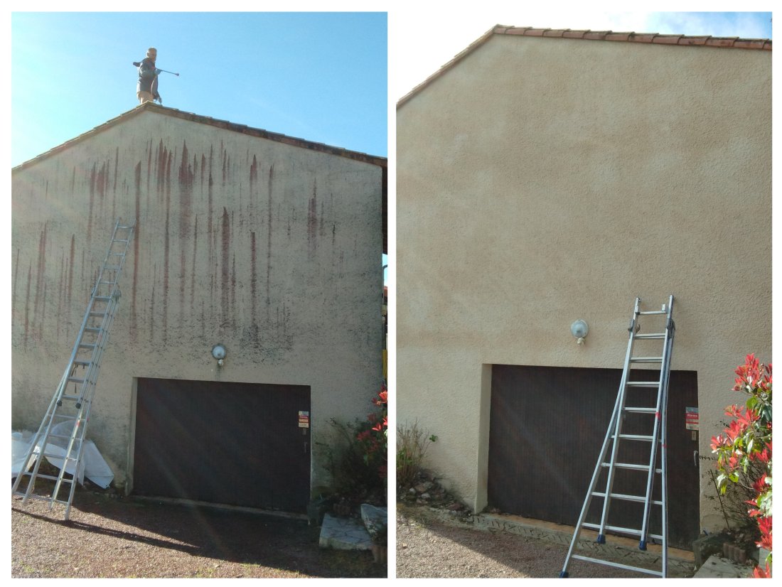 Nettoyage d'un pignon au produit d'Alep suivi d'un rinçage à l'eau ce chantier se situe à Saint-Juli